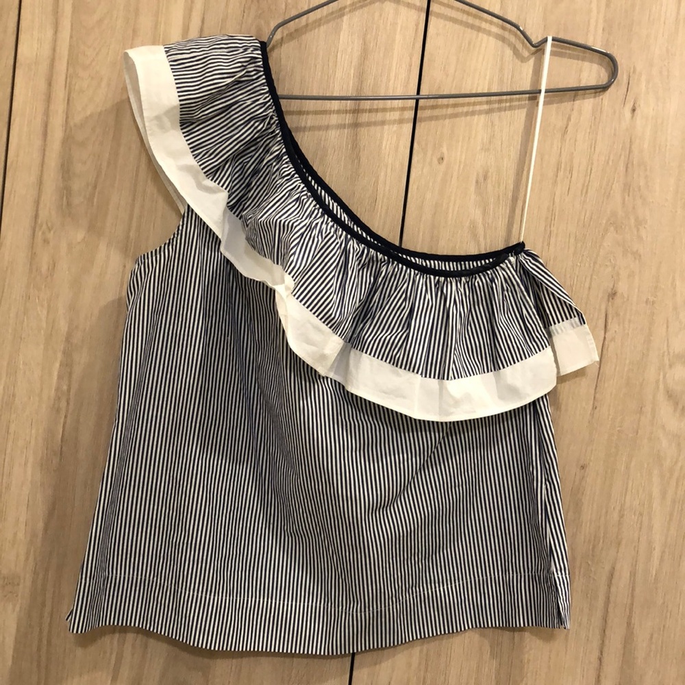 Asymmetrical Striped Cotton Ruffle Shirt